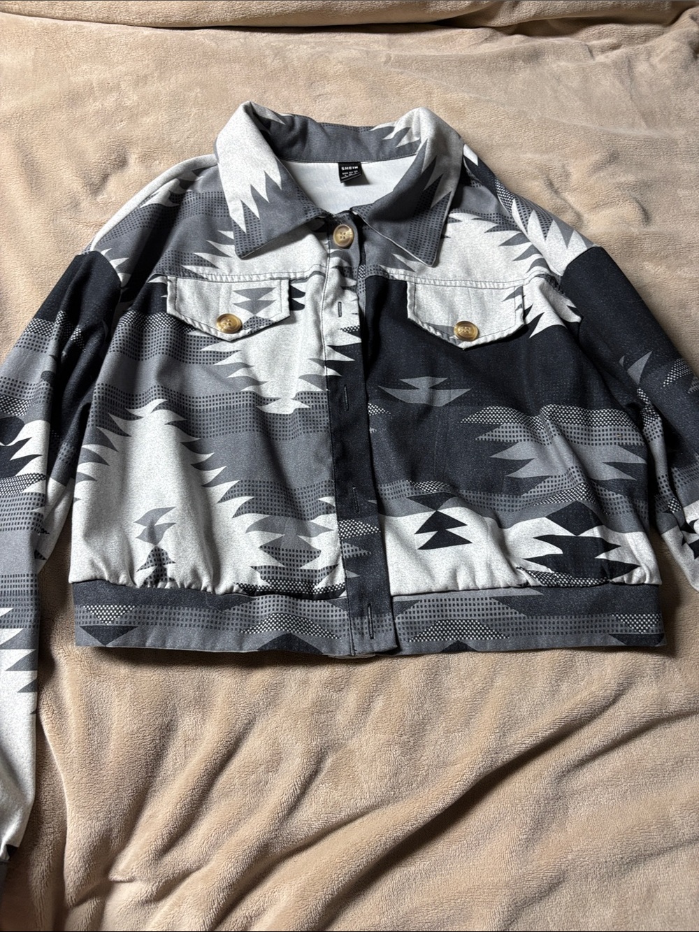 Grey & Black Patterned Crop Jacket